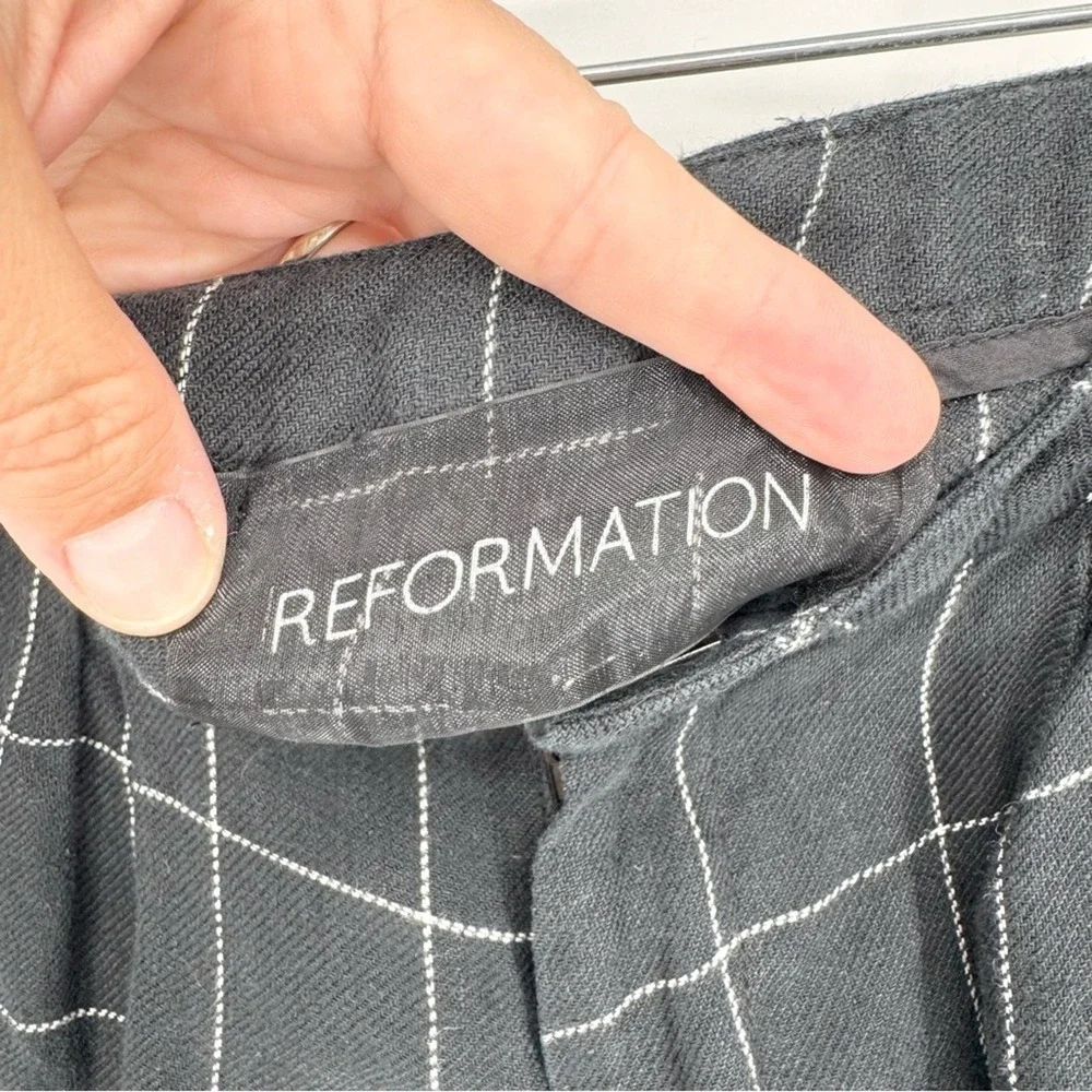REFORMATION High Rise Windowpane Plaid Linen Trousers Black/White Size S Office